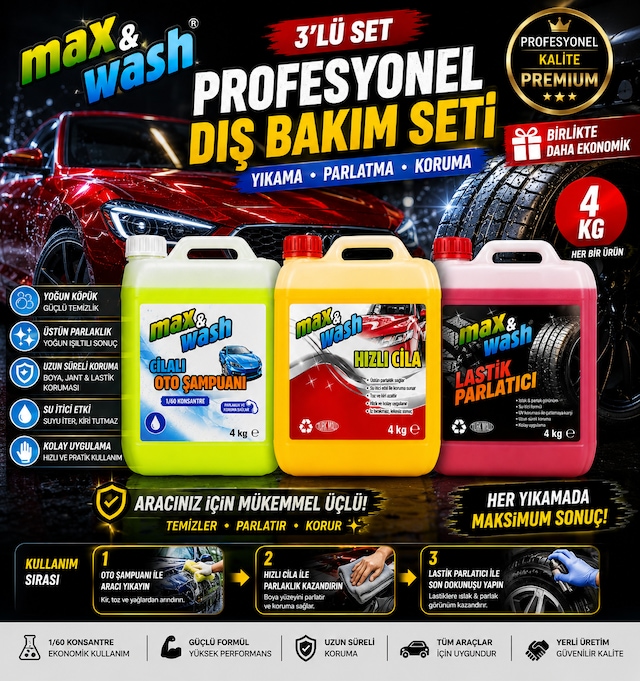 Max&wash 3'lü Profesyonel Dış Bakım Seti 4+4+4 Kg Cilalı Oto Şampuan + Hızlı Cila + Lastik Parlatıcı Oto Kuaför Bakım Seti