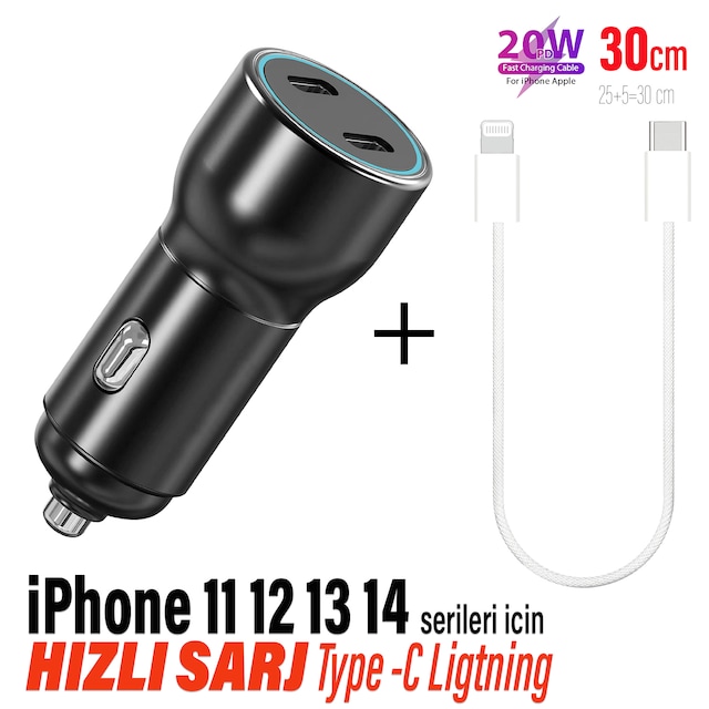 Hızlı Araç Şarj Aleti İphone 11-12-13-14 Serisi Uyumlu Araba Şarj