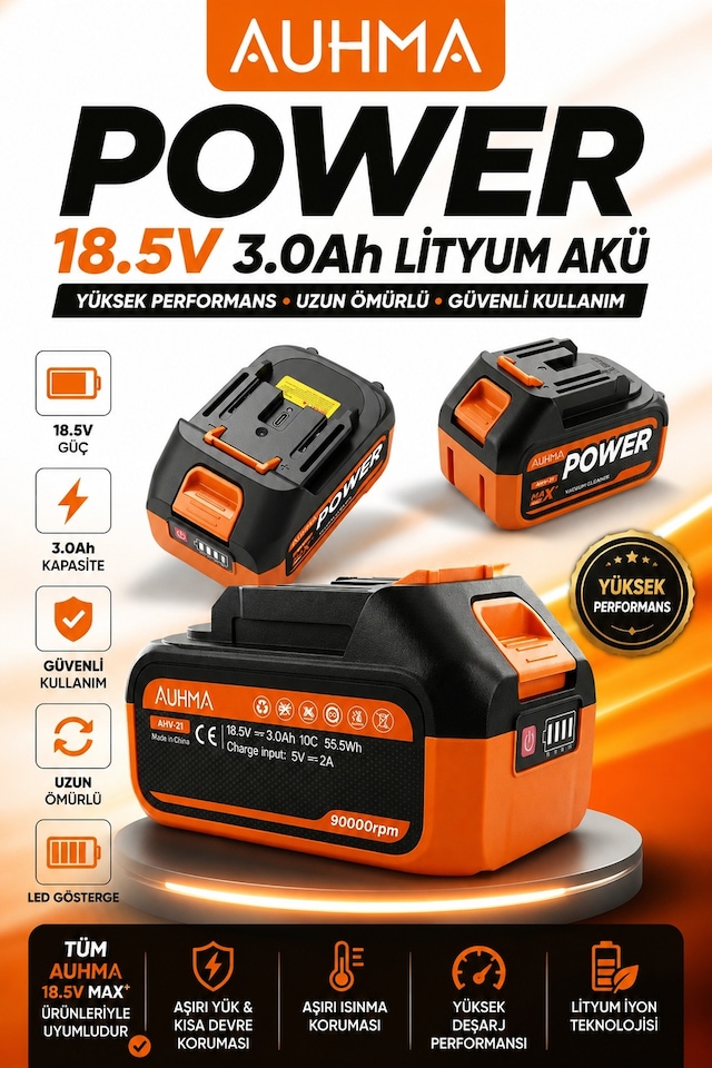 Auhma Ahv-21 18.5v 3.0ah Li-ıon Şarjlı Batarya Type-c Şarj Girişli, Led Göstergeli Yedek Süpürge A Turuncu