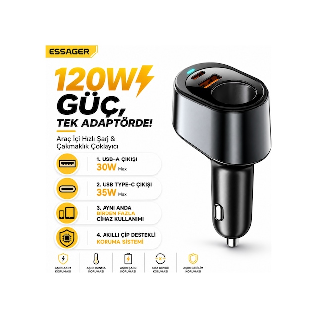 Essager 120w Araç Şarj Cihazı Çakmaklık Çoğaltıcı Type-c Usb Pd Hızlı Şarj 12-24v Pd3.0 Qc3.0 Pd Hızlı Şarj