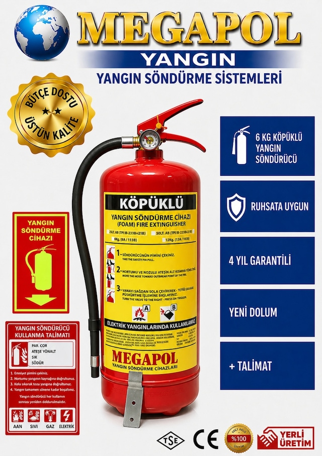 6 Kg Köpüklü Yangın Söndürme Cihazı, Yangın Söndürme Tüpü, Yangın Söndürücü