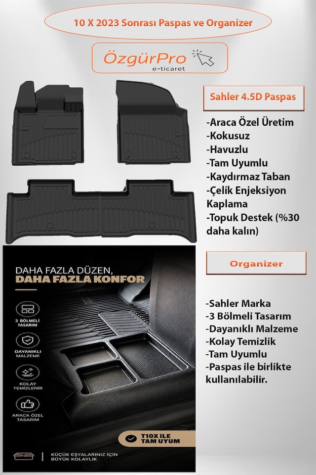 Sahler Tog T10x 2023+ Uyumlu 4.5d Pro Premium Havuzlu Oto Paspas Ve Organizer