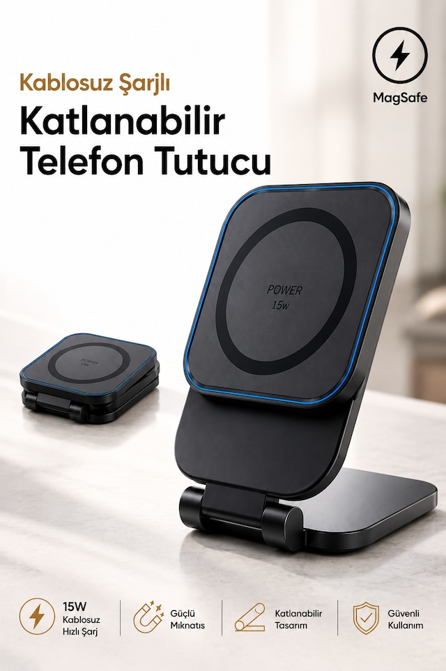 15w Kablosuz Araç Şarj Cihazı Magsafe Uyumlu Katlanabilir Manyetik Telefon Tutucu Kompakt Siyah