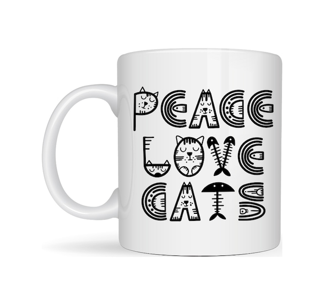 Peace Love Cats Sevimli Kedi Desenli Porselen Kupa Model 60 Kahve & Çay Kupası