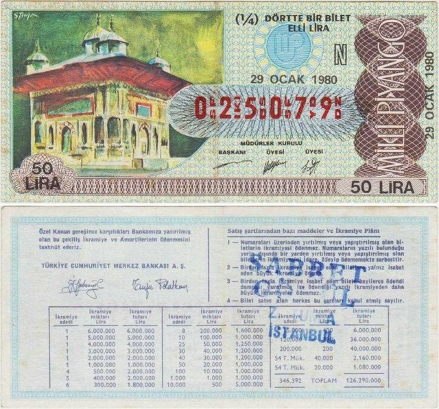 Eski Milli Piyango 1/4 Çeyrek Bilet 29 Ocak 1980. Teşhir Ürün
