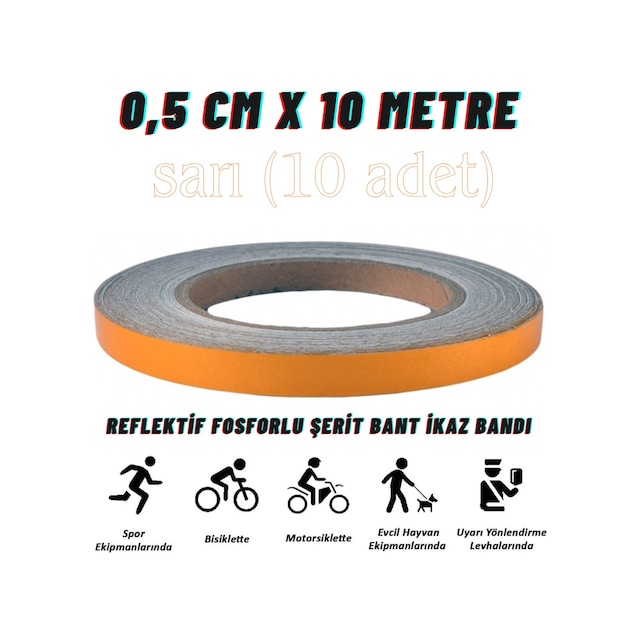 Carub Reflektif Fosforlu Şerit Bant 0,5 Cm X 10 Metre Sarı İkaz Bandı BR2405003