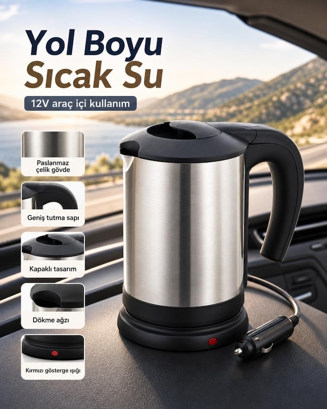 Araç İçi Kullanıma Uygun 12v Çakmak Soketli Paslanmaz Çelik Su Isıtıcı Kettle