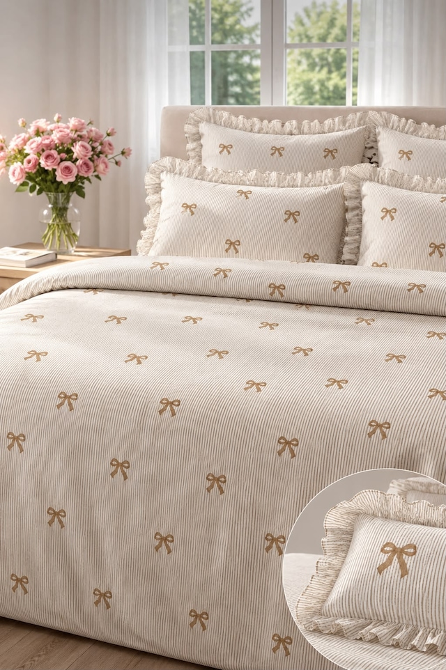 Uçkan Home %100 Pamuk Fiyonk Desenli Fırfır Detaylı Çift Kişilik Nevresim Seti--uh-00101 Açık Kahverengi