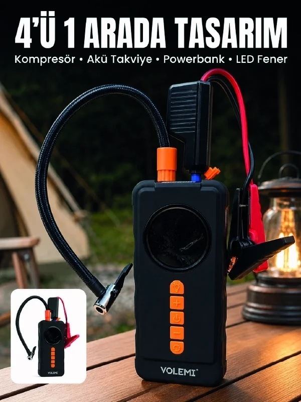 Ers 4'ü 1 Arada Akü Takviye Cihazı Dijital Lastik Şişirme Kompresörü 10000mah Powerbank Ve Led Fener