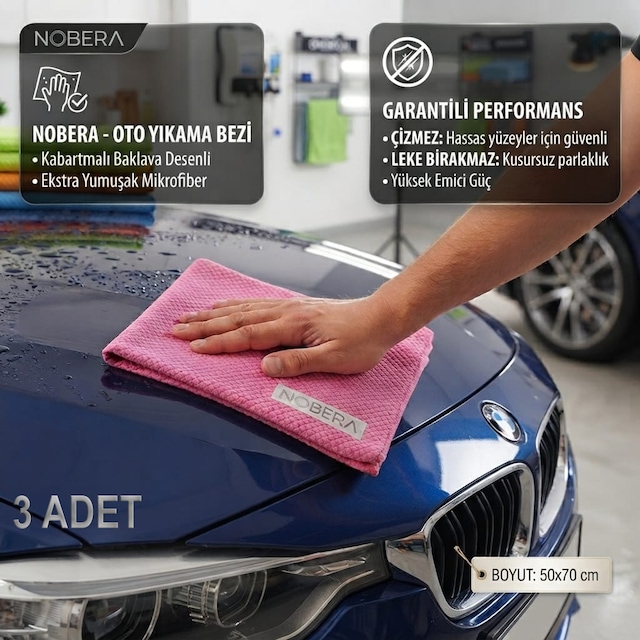 Nobera 3'lü Set 50x70 Cm Oto Mikrofiber Bez - Kaporta Çizmez, Cam Ve Boya Dostu Kurulama Ve Temizlik Bezi