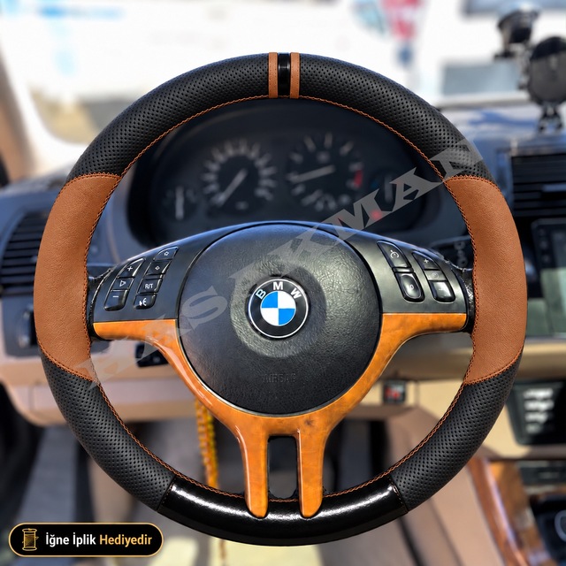 Bmw 7 Serisi E38 Dikme Direksiyon Kılıfı Delikli Deri Parlak Siyah Taba Detay Çift Yüzük Ve Dikiş 3 Kollu-yuvarlak-dairesel Tuş 1999-2001