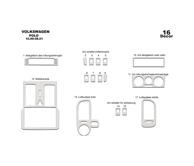 Volkswagen Polo Uyumlu Torpido Kaplama 1999-2001 16 Parça Alüminyum