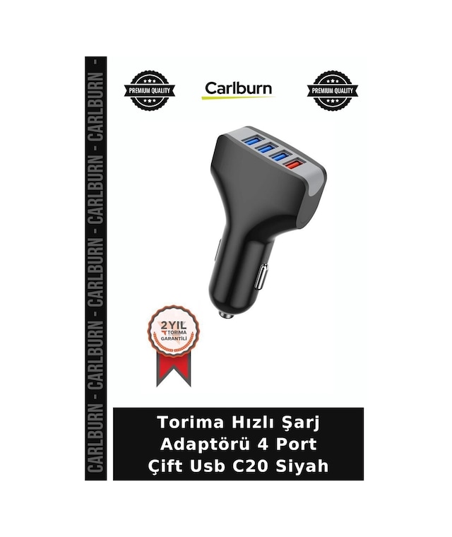 Premium Torima Hızlı Şarj Adaptörü 4 Port Çift Usb C20 Siyah Araç Gereci Telefon Şarjı