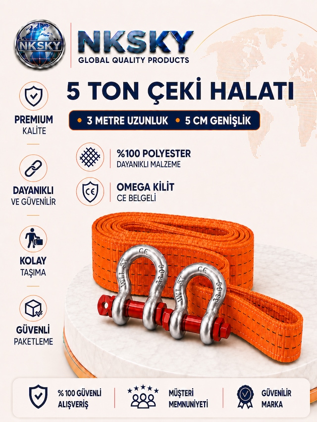 Nksky Ce Belgeli 5 Ton Araç Çekme Halatı 3 Metre 5 Cm Genişlik Omega Kilitli Oto Çeki Halatı Turuncu