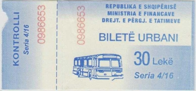 Arnavutluk Otobüs - Ulaşım Bileti. 30 Lek Değerinde. Teşhir Ürün
