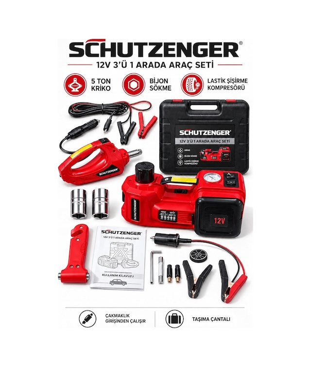 3 Lü Araç Seti 5 Ton Kriko Kompresörlü Ve Somun Sökme Sıkma 2 Anahtarlı 12volt German Çantalı Kırmızı Yt5011