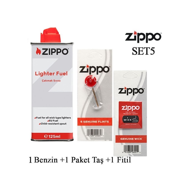 Zippo Çakmak İkmal Seti 1 Bidon Benzin Fitil Taş Set5