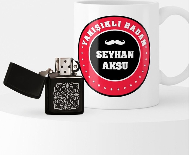 Kişiye Özel Yakışıklı Babam Benzinli Çakmak ve Kupa Seti-1