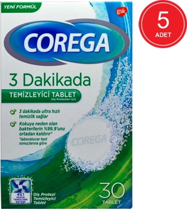 Corega 3 Dakikada Protez Temizleyici Tablet 30'lu x 5 Paket