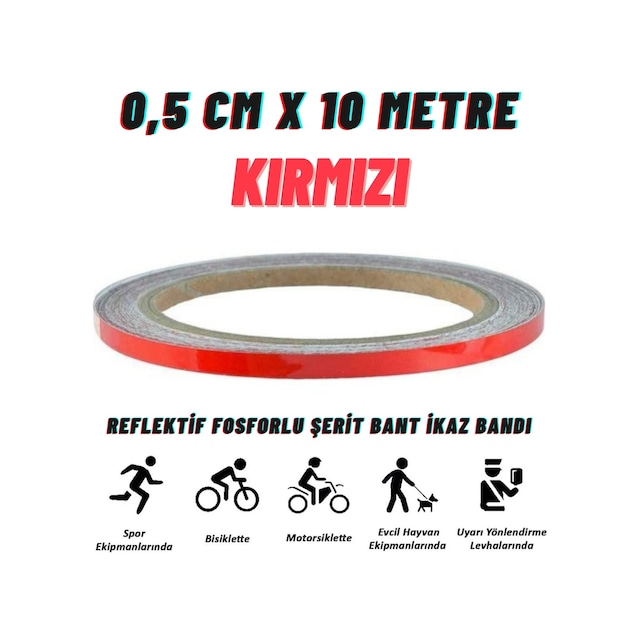 Carub Reflektif Fosforlu Şerit Bant 0,5 Cm X 10 Metre Kırmızı İkaz Bandı BR2405002