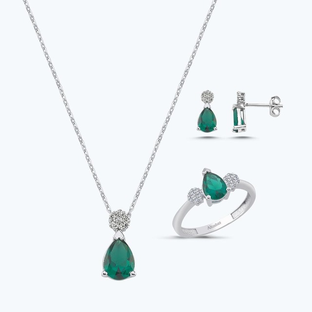 Altınbaş Yeşil Taşlı Altın Üçlü Damla Set Autk0035-b-24627-y-set