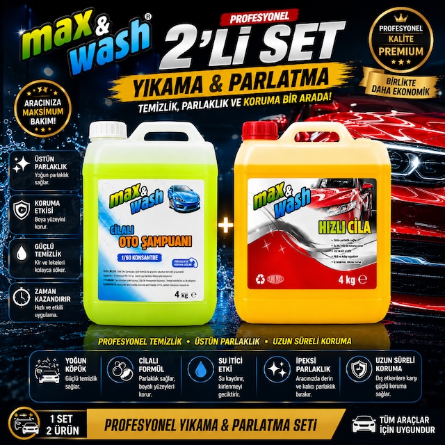 Max&wash 2'li Profesyonel Araç Bakım Seti 4 Kg Cilalı Oto Şampuan + 4 Kg Hızlı Cila Parlaklık, Koruma Ve Güçlü Temizlik