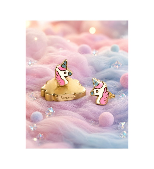Gold 14 Ayar Altın Pembe Mavi Unicorn Çocuk Küpesi