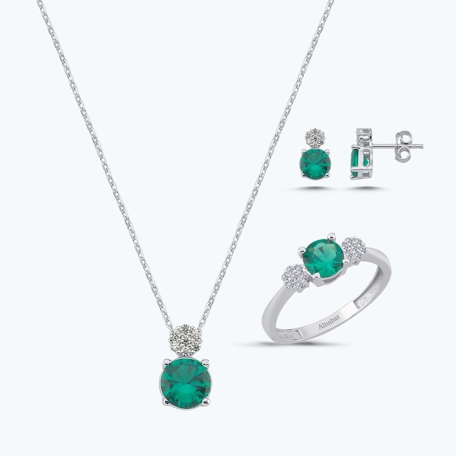 Altınbaş Yeşil Taşlı Altın Üçlü Yuvarlak Set Autk0034-b-24627-y-set