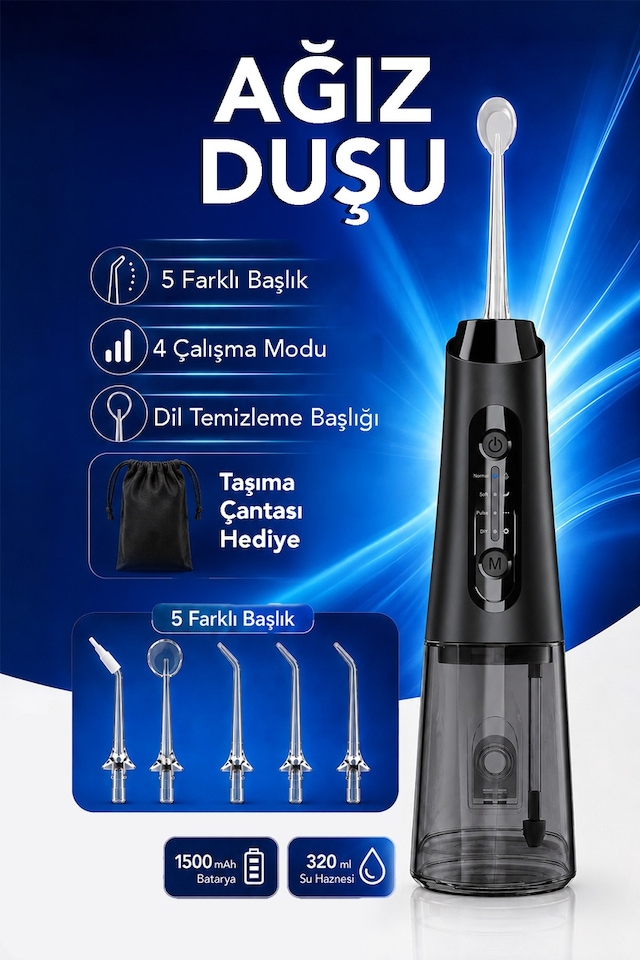 Şarjlı Ağız Duşu - 320ml Su Hazneli 5 Başlık 4 Çalışma Modlu Su Geçirmez Ağız Diş Dil Temizleyici Siyah
