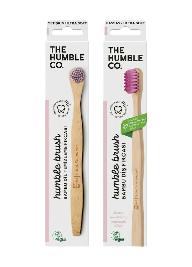 The Humble Co. Hijyen Seti - Ultra Soft Mor Diş Fırçası & Pembe Dil Fırçası