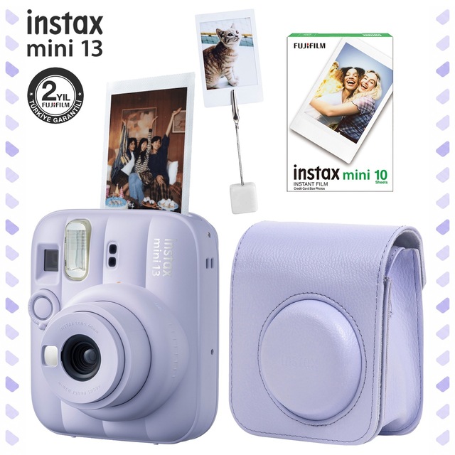 Instax Mini 13 Dreamy Purple Fotoğraf Makinesi Deri Çanta Kıskaç + 10'lu Film Hediye Seti
