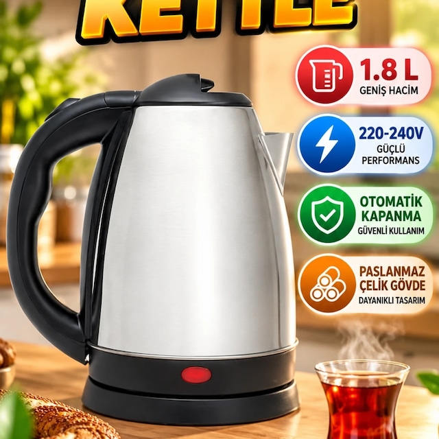 Kettle C F Tipi 220-240v 1.8 L Paslanmaz Çelik Elektrikli Su Isıtıcısı Otomatik Kapanma