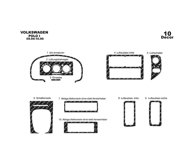 Volkswagen Polo Uyumlu Torpido Kaplama 1994-1999 10 Parça Karbon