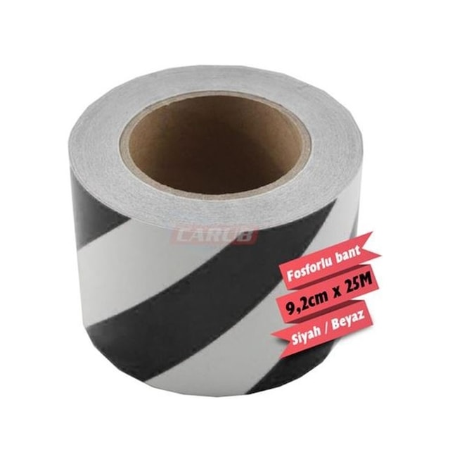 Carub 9,2CM X 25M BR2406106 Reflektif Fosforlu Çapraz Şerit Bant Beyaz Siyah