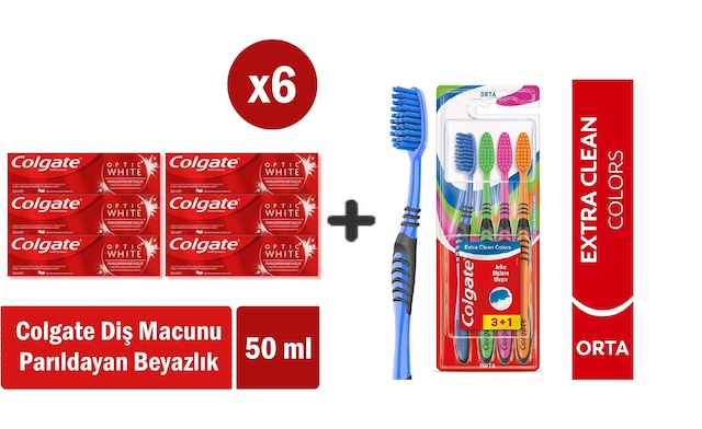 Colgate Optic White Parıldayan Beyazlık 50 Ml X 6 Adet + Extra Clean Colors Diş Fırçası 3+1 Beyazlık