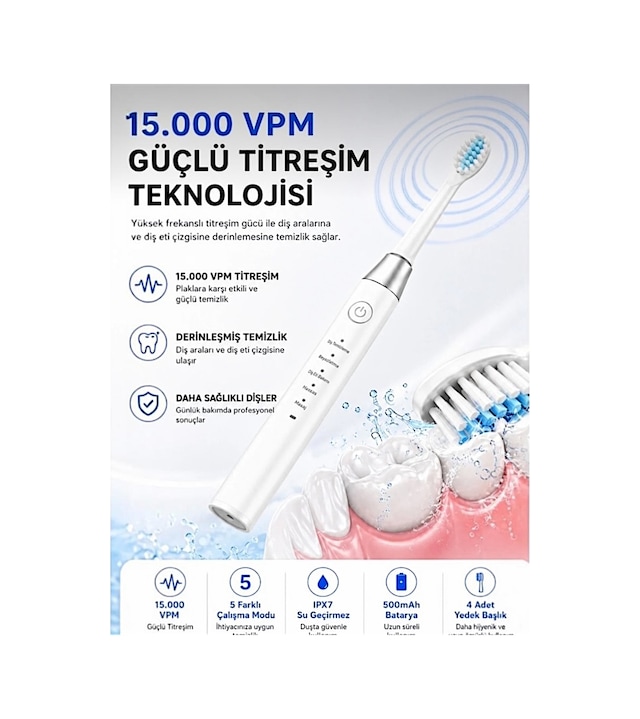 Amf13 Beyaz Şarjlı Elektrikli Diş Fırçası 5 Modlu Ipx7 Su Geçirmez 4 Yedek Başlıklı Set