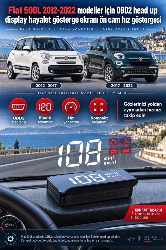 Fiat 500l 2012-2022 Modeller İçin Obd2 Head Up Display Hayalet Gösterge Ekranı Ön Cam Hız Göstergesi