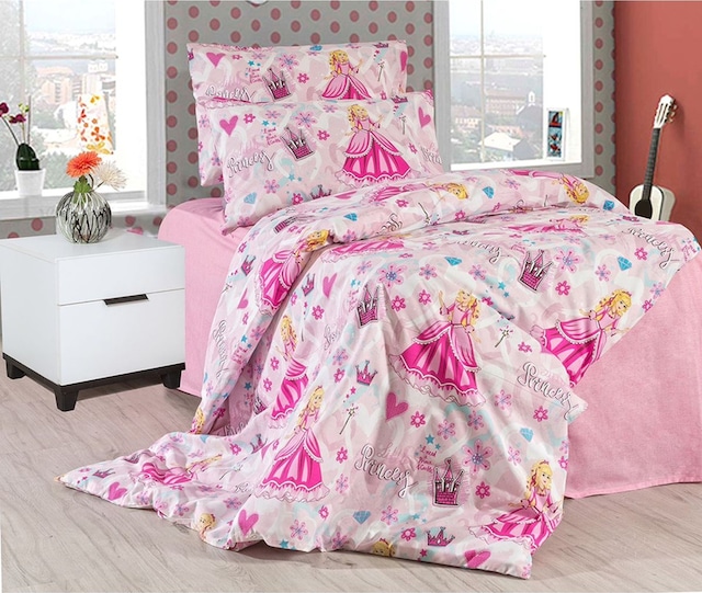 Lionas Çocuk Desen Çarşafı Lastikli Tek Kişilik Nevresim Takımı 2 Yastıklı Pembe