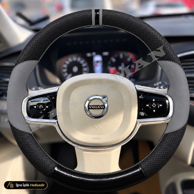 Volvo Xc60 Dikme Direksiyon Kılıfı Delikli Deri Parlak Siyah Gri Detay Çift Yüzük Ve Dikiş Spa Platformu-momentum-ınscription-plus 2017-2026