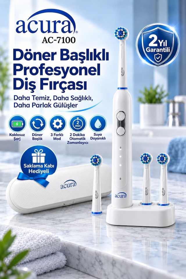Acura Ac-7100 Döner Başlıklı Profesyonel Şarjlı Diş Fırçası