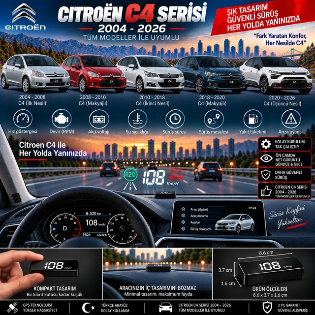 Citroën C4 2004-2026 Modeller İçin Head Up Display Hayalet Gösterge Ekranı Ön Cam Hız Göstergesi