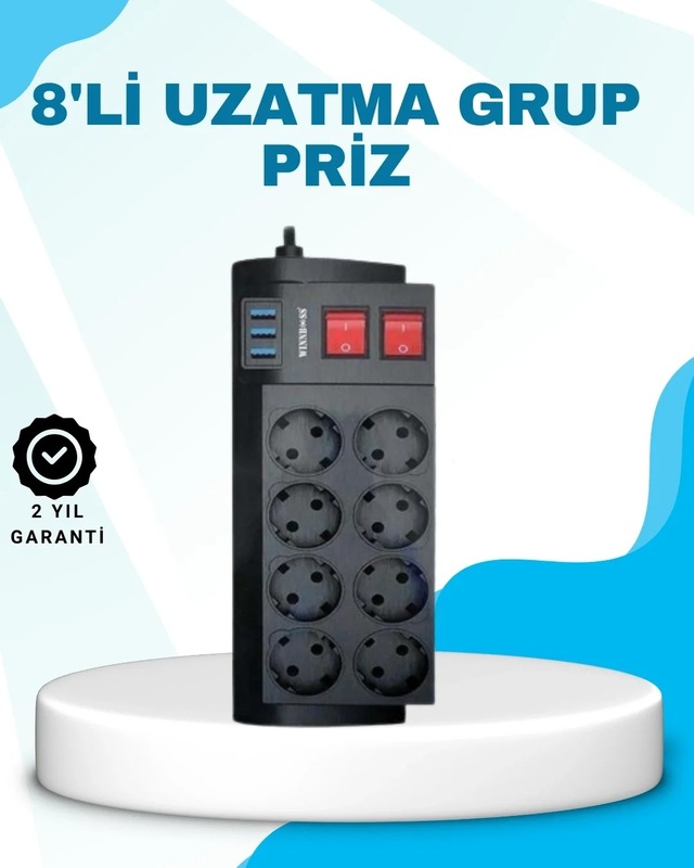 Ers Isıya Dayanıklı Termal Akım Korumalı 8'li Priz Ve 3 Usb Girişli Uzatma Kablosu