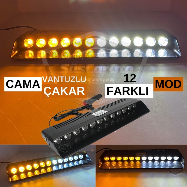 S12 Cam İçi Vantuzlu Ambulans İtfaiye Çakar Lamba İkaz Lambası 12 Ledli 12 Farklı Mod Sarı Beyaz Çakmaklık Girişli 00 Şüscaroto Aksesuar