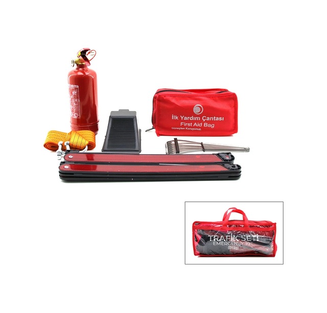 2li Set 4 Gen Çanta 7pcs + 38pcs Oto Trafik Seti + İlk Yardım Seti Yangın Tüpü 1kg 2pcs Reflektör Bez Kemer Çekme Halat 2.9mt Araç Takoz Buz Kazıma Set Çantası Bx40