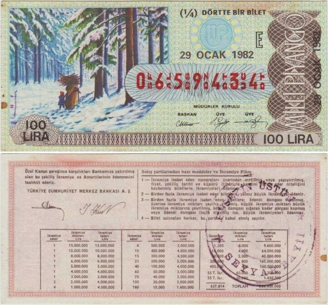 Milli Piyango 29 Ocak 1982 Çeyrek 1/4 Bilet. Kış - Karlı Orman Ve Odun Taşıyanlar Temalı 100 Lira E Serisi. Ufak Lekeleri Var. Teşhir Ürün