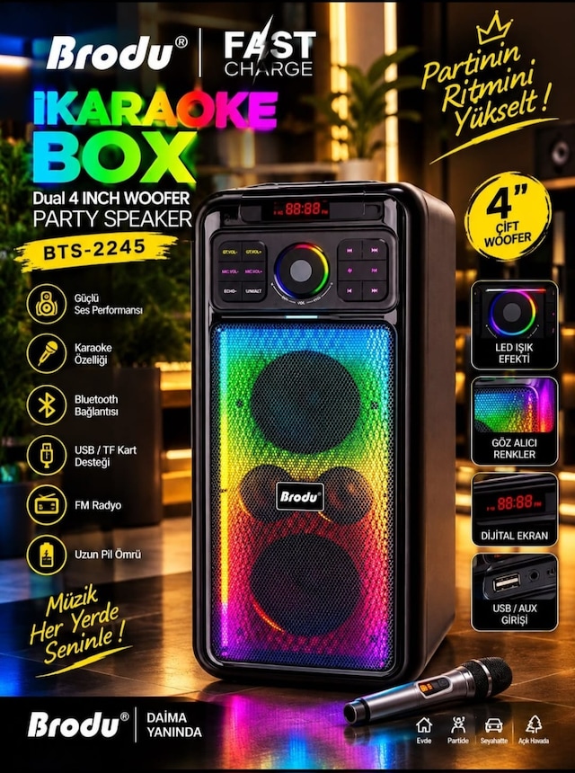 Bts-2245 Çift 4" 80w Woofer Kablosuz Karaoke Parti Hoparlörü Rgb Işıklı, Kablosuz Mikrofonlu