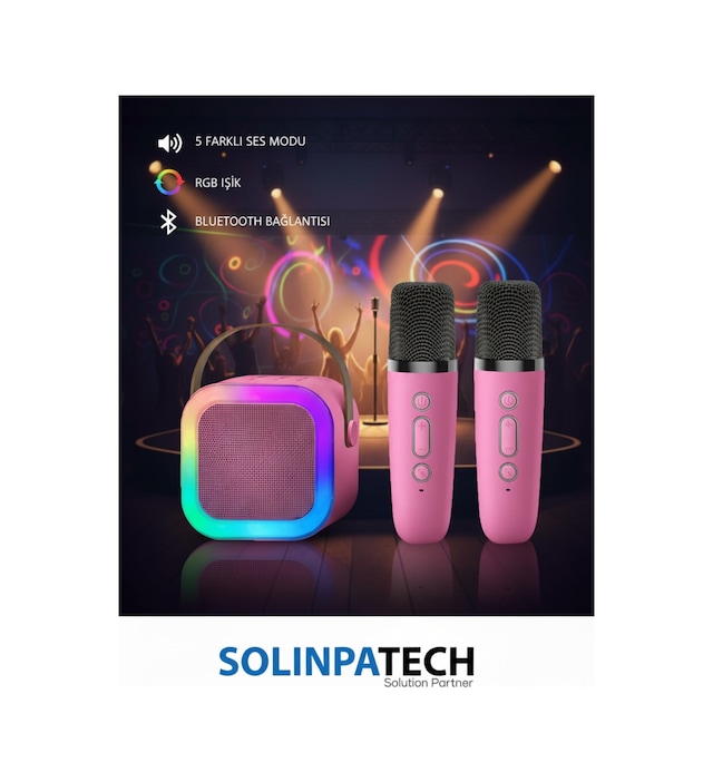 Çift Karaoke Mikrofonlu Kablosuz Bluetooth Rgb Işıklı 5 Ses Efektli Stereo Ses Usb/sd Hoparlör