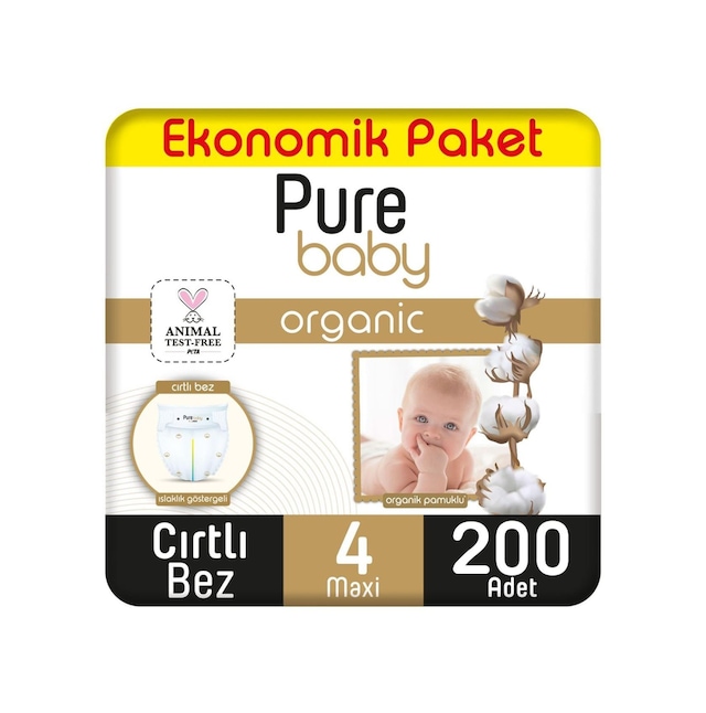 Pure Baby Organik Pamuklu Cırtlı Bez Ekonomik Paket 4 Numara Maxi 200 Adet