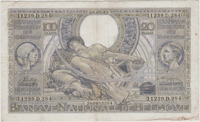Belçika 100 Frank 20 Belgas 1943 Iı. Dünya Savaşı Dönemi. Çok Çok Temiz.