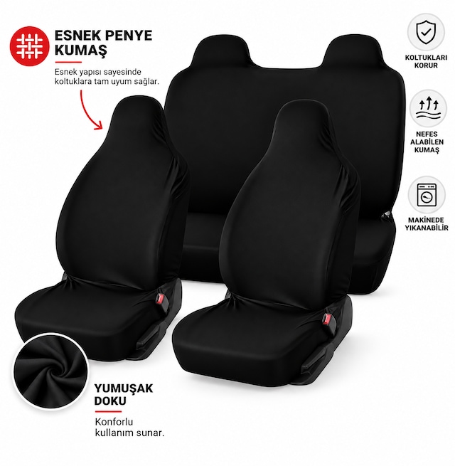 Koltuk Kılıfı Penye Kumaş Oto Servis Kılıfı 1 Takım Siyah Renk